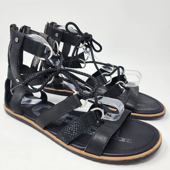 Sorel Shoes - Sorel Gladiator Sandals Women 10 Ella Black Leather Strappy Heel Zip Snakeskin